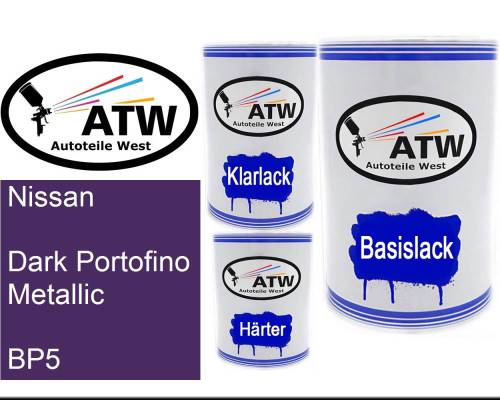 Nissan, Dark Portofino Metallic, BP5: 500ml Lackdose + 500ml Klarlack + 250ml Härter - Set, von ATW Autoteile West.